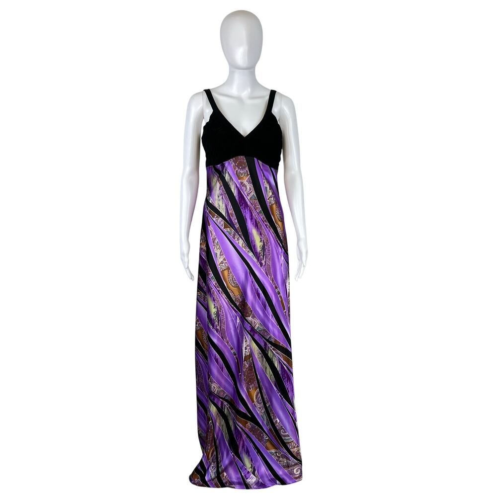 Vintage 90's Y2K Sharon Max Purple Patterned Satin Maxi Dress Dress (Sz S)